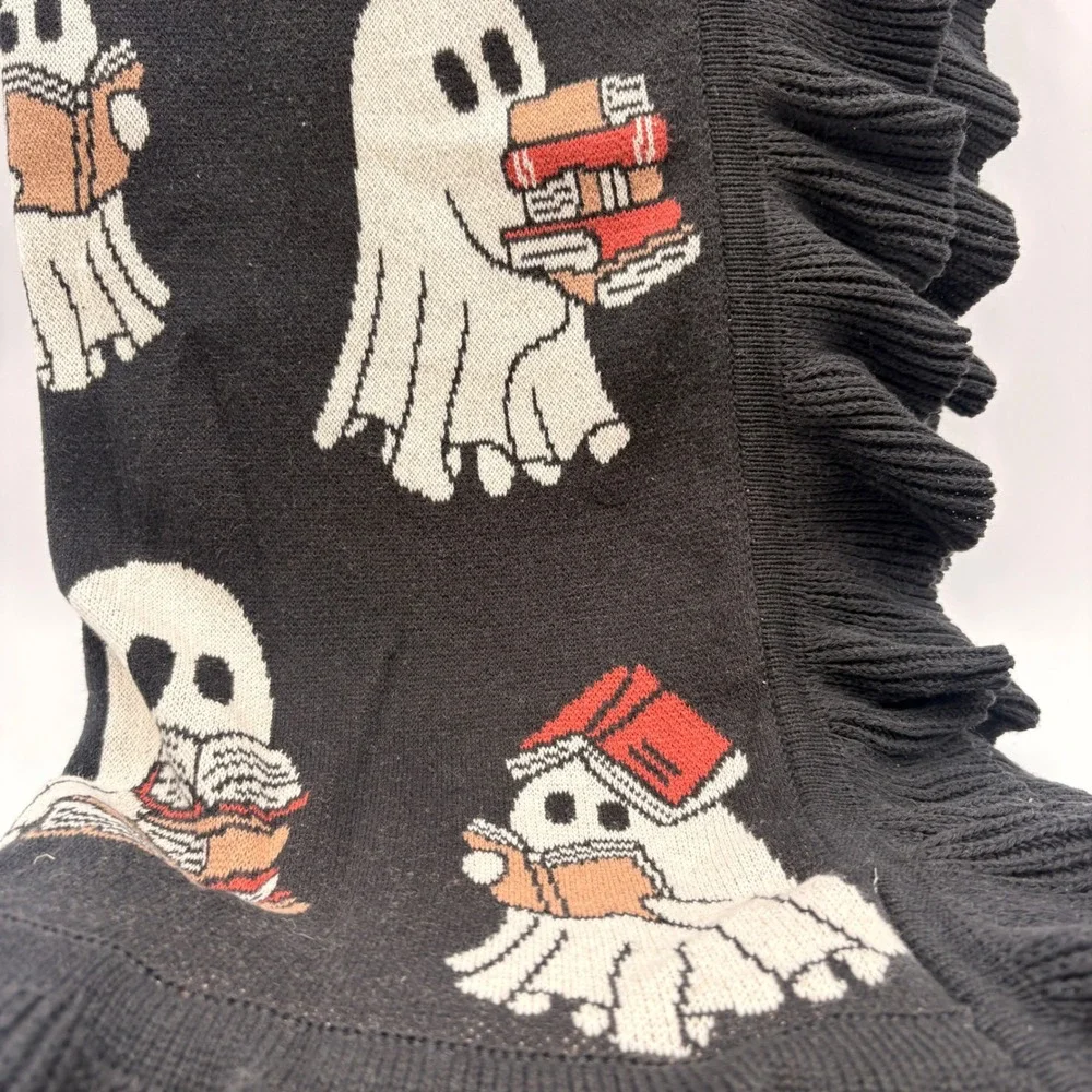 Grammercy Studio Ghost Reading Books Ruffle Blanket Black Halloween Bibliophile